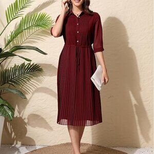 Women V Neck 3/4 Sleeve Pleated A-Line Dress with Belt Swing Midi Dresses